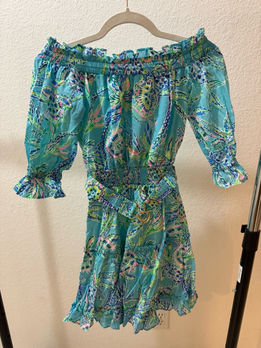 Lilly Pulitzer Turquoise Multicolor Off-Shoulder Long Sleeve Dress